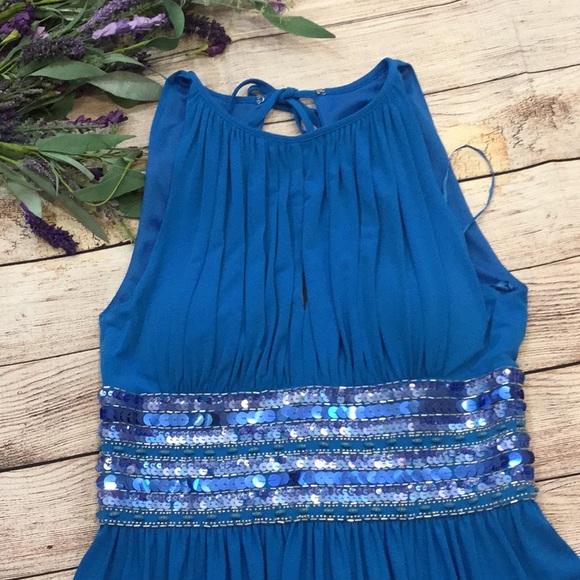 JS Boutique Sequin metallic bright Blue midi cocktail Dress, beaded. Size 4. - Picture 2 of 5